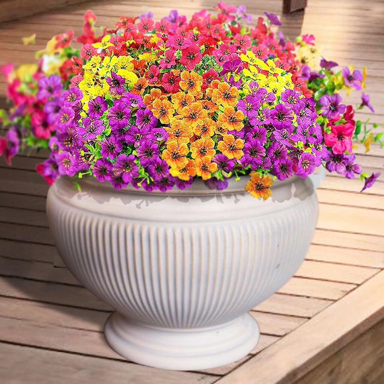 10 PCS Artificial Fall Flowers for Outdoors – UV Resistant Faux Mums & Eucalyptus Plants for Porch, Patio, Garden, Planter Boxes, Autumn Outdoor Décor 3.15"D x 13.8"W x 4"H
